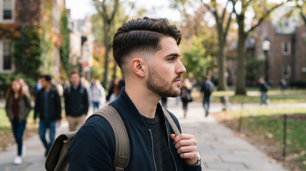 College Style Burst Fade Side Part