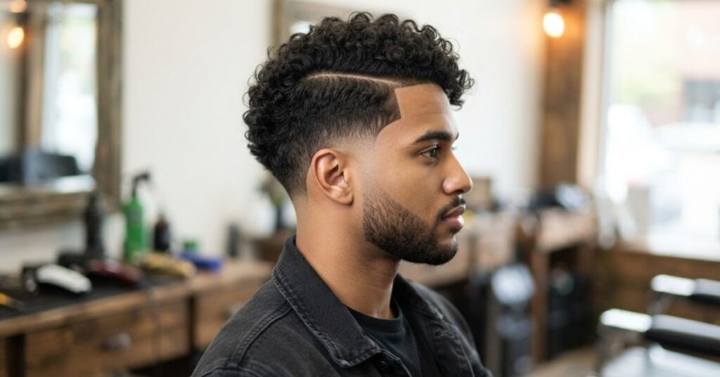 Curly Burst Fade Side Part