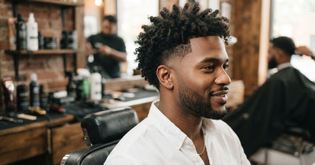 Mid Burst Fade with Curls for Black Men