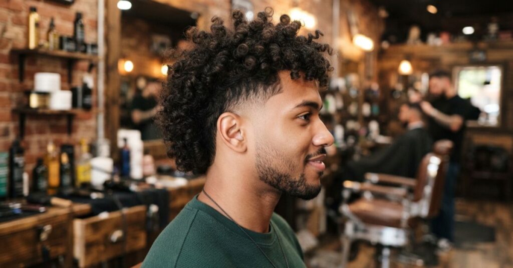 Curly Hair Burst Fade Mullet