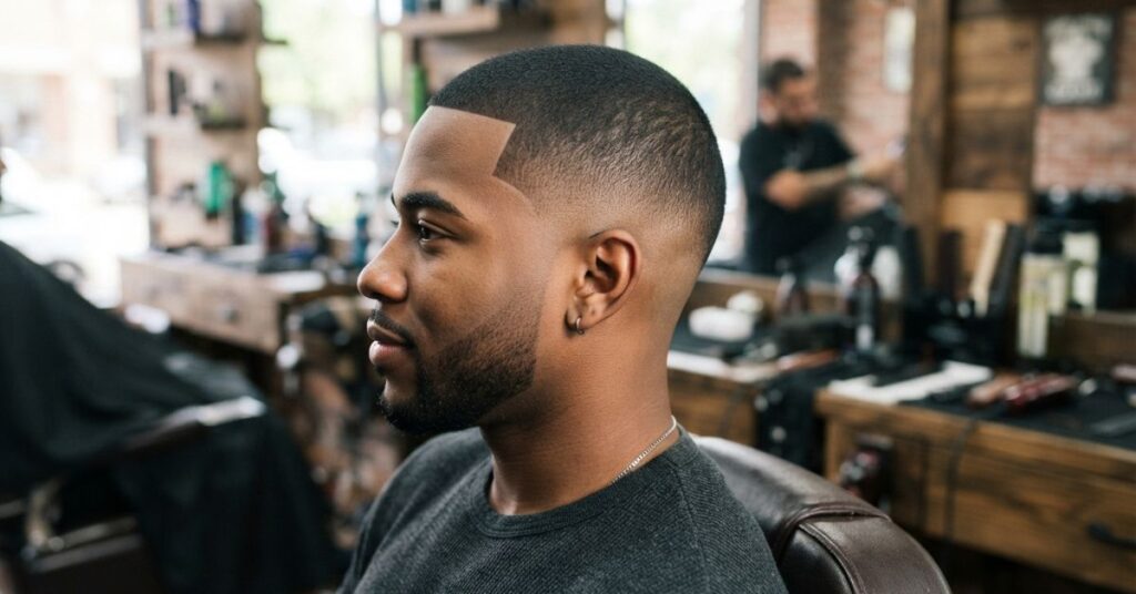 Buzz Cut with Line Up and Burst Fade