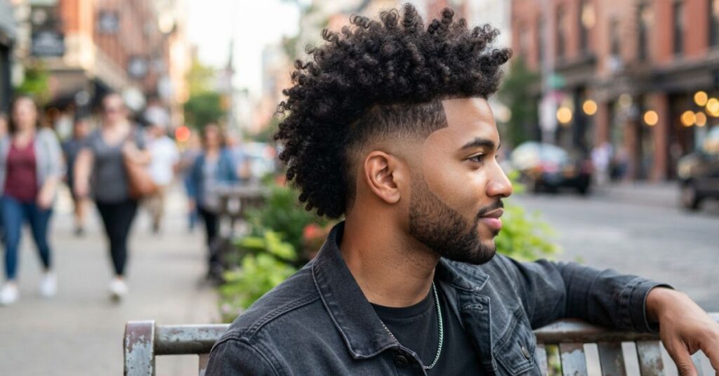 Curly Top Burst Fade Mohawk