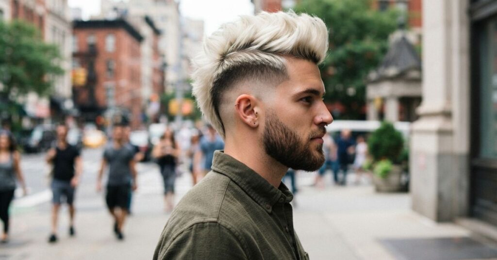 Platinum Blonde Burst Fade Mohawk